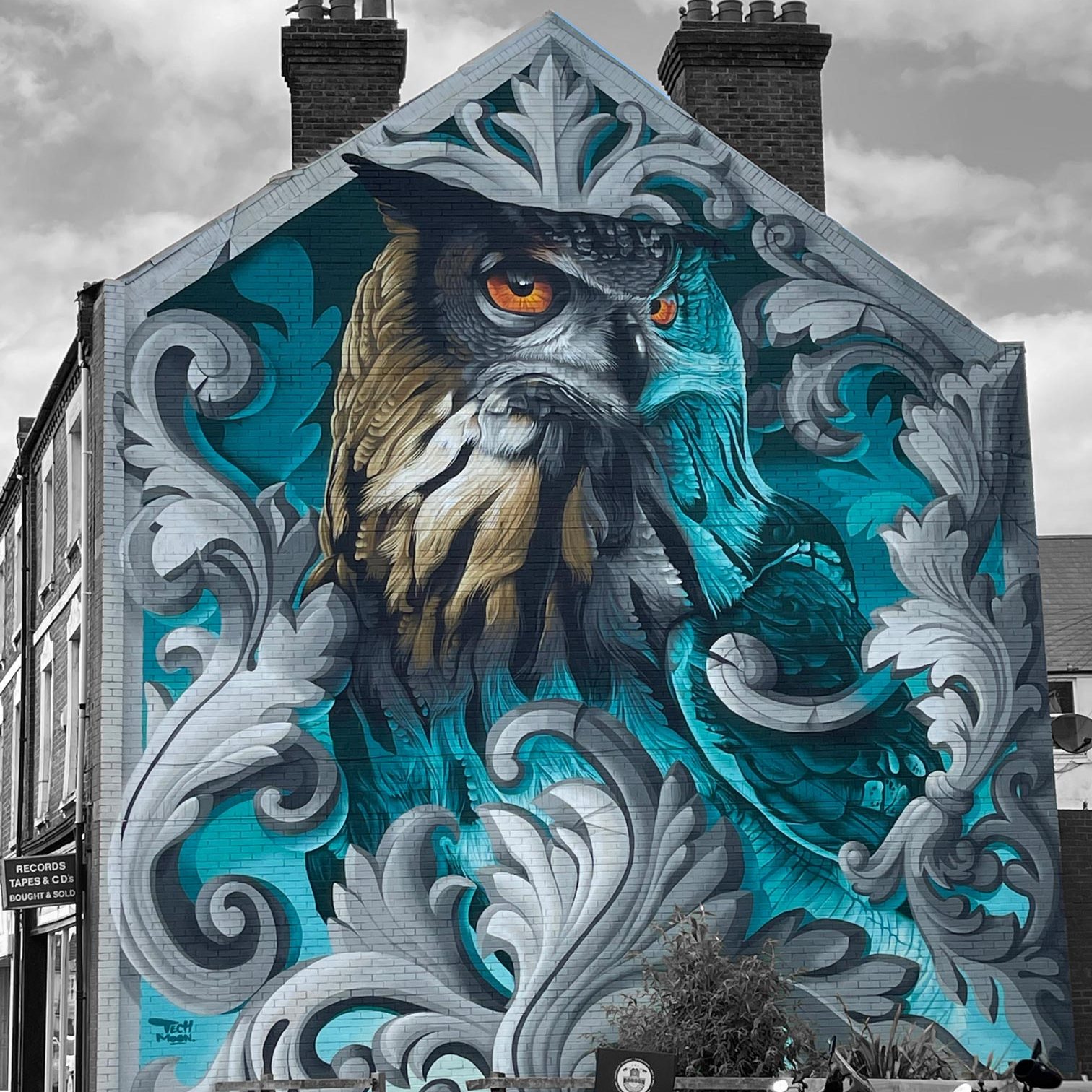 large street art mural of an owl and filigree on a wall in boscombe by tech moon for beaf