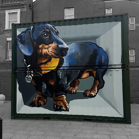 street art mural of a dachshund dog painted on a freight container in boscombe by tech moon