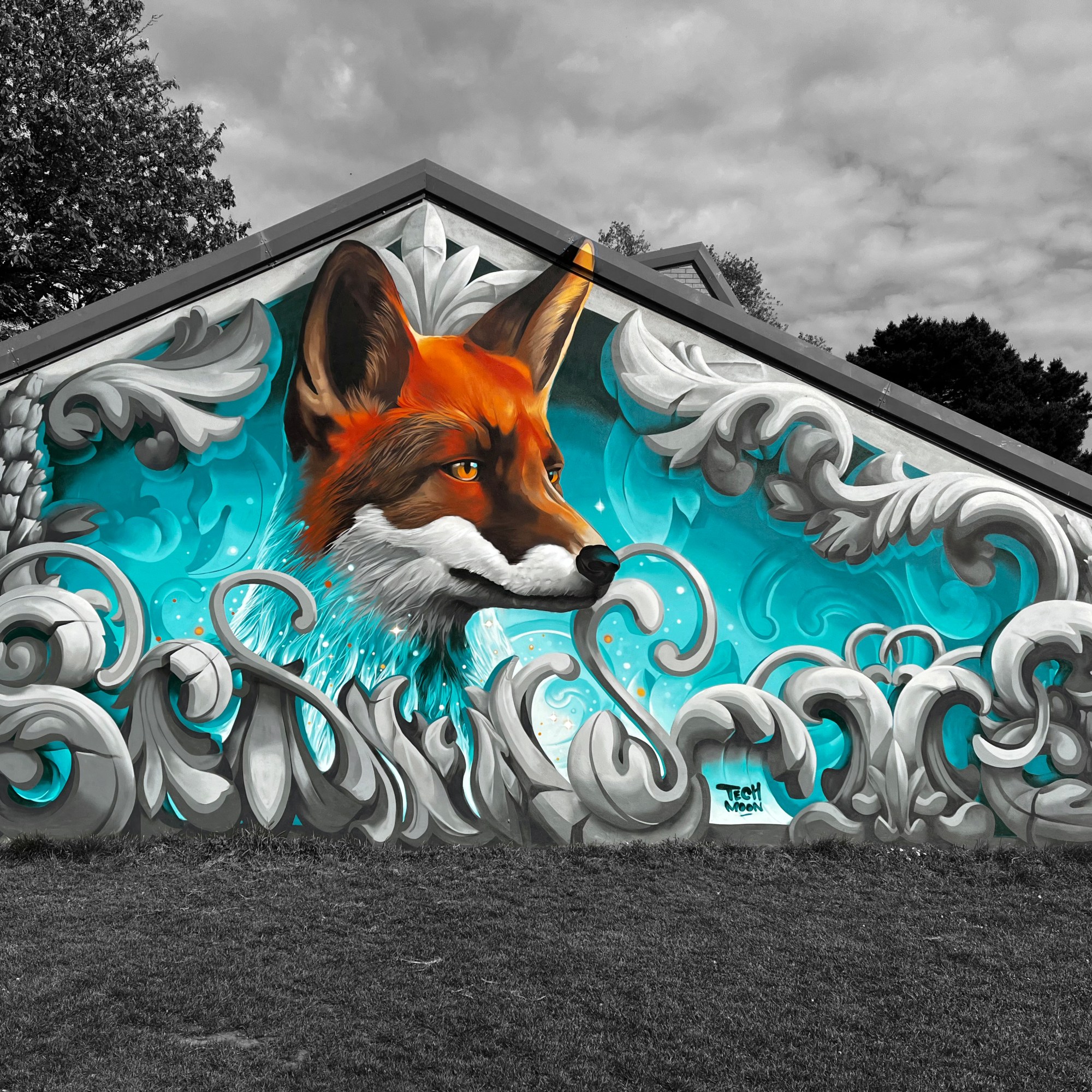 street art mural by Tech Moon, fox with ornamental framework