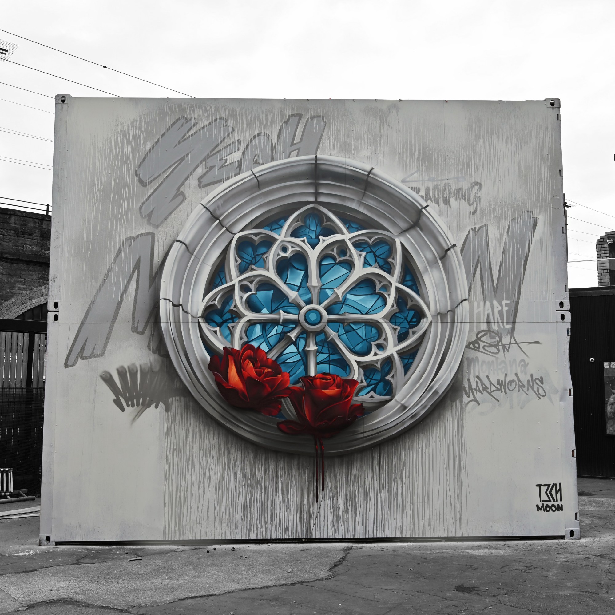 street art, mural, rose window, tech moon